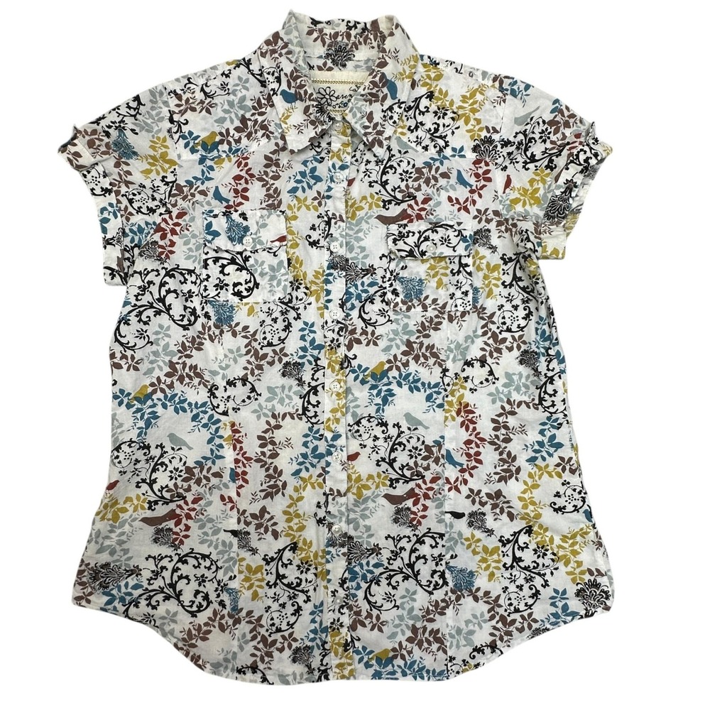 Aventura Shirt Womens Medium Multicolor Bird Floral Organic Cotton Button Up